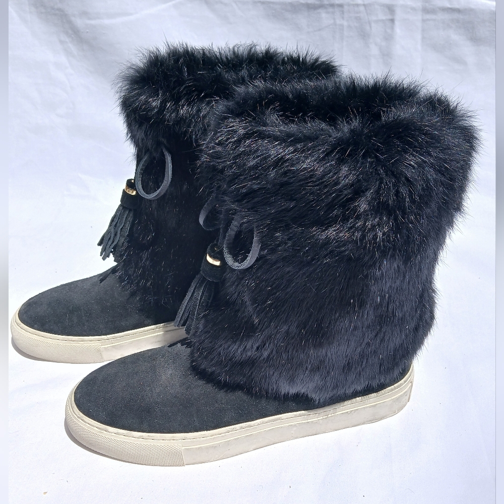 Tory Burch Anjelica High-Top Black Suede Rabbit Fur Sneaker Boots Size 7M